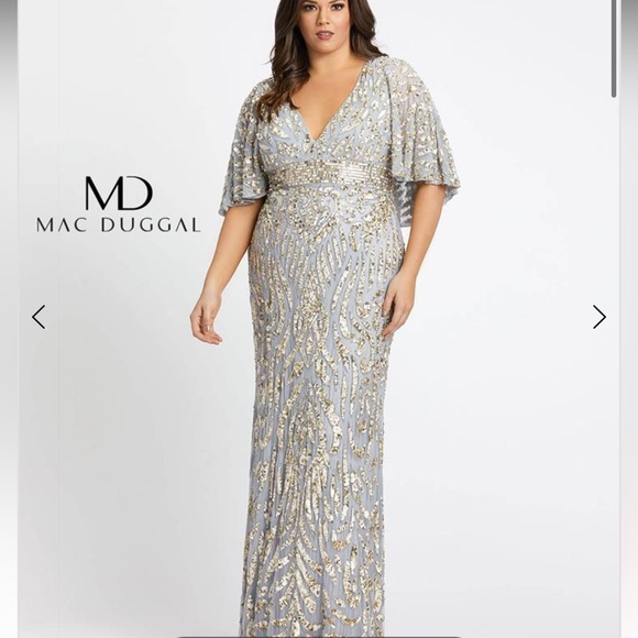Mac‎ Duggal Platinum Embellished Cape Sleeve Formal Evening Gown - Picture 1 of 11